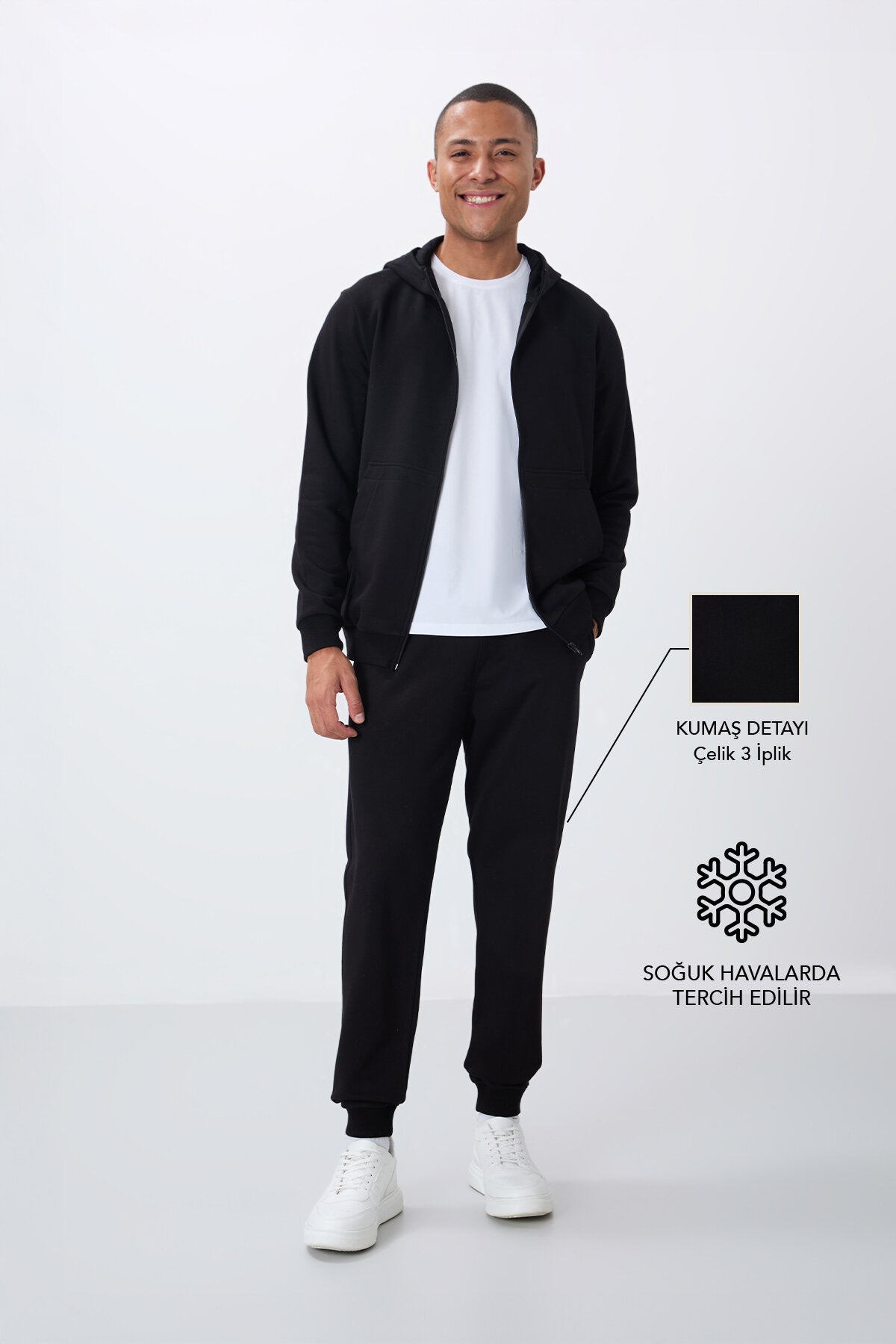 Image of Siyah Kompakt Pamuklu Kalın Pürüzsüz Dokulu Kapüşonlu Comfort Fit Erkek Eşofman Takım - 85262