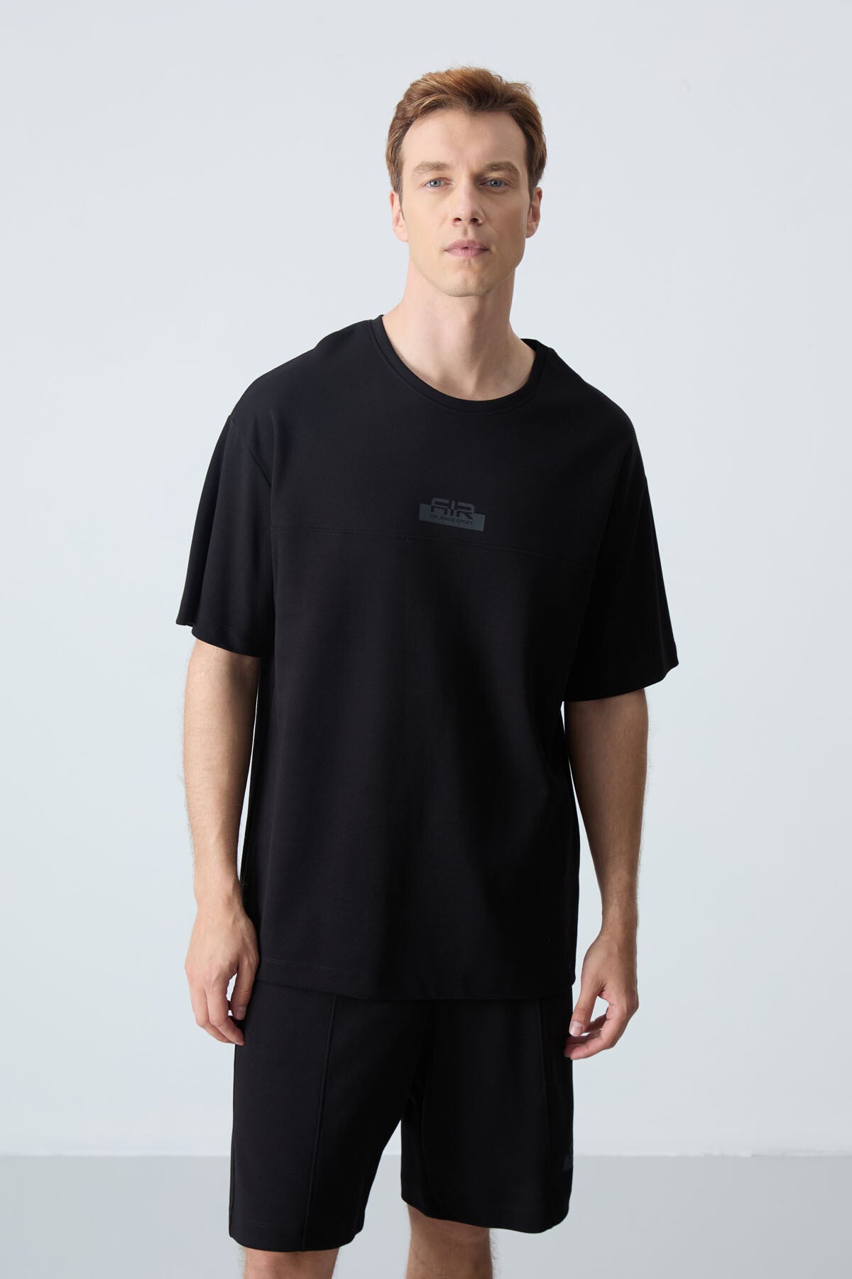 Image of Siyah Pamuklu Kalın Yumuşak Dokulu Oversize Fit Basic Erkek Şort Takım - 85259