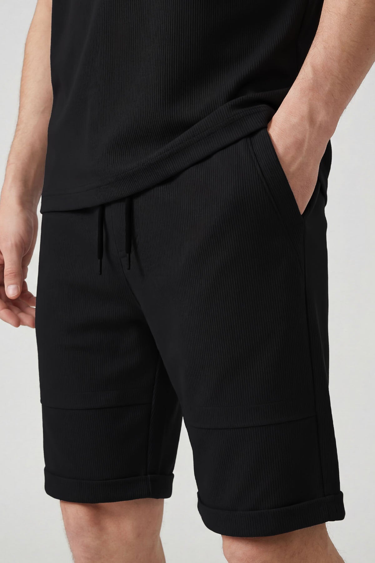 Image of Siyah Oversize Fit Yumuşak Dokulu Basic Erkek Şort Takım - 85274