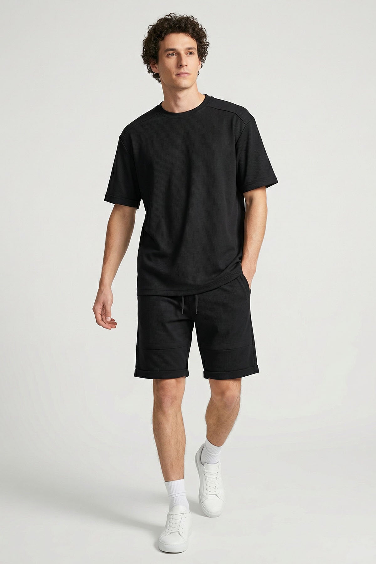 Image of Siyah Oversize Fit Yumuşak Dokulu Basic Erkek Şort Takım - 85274