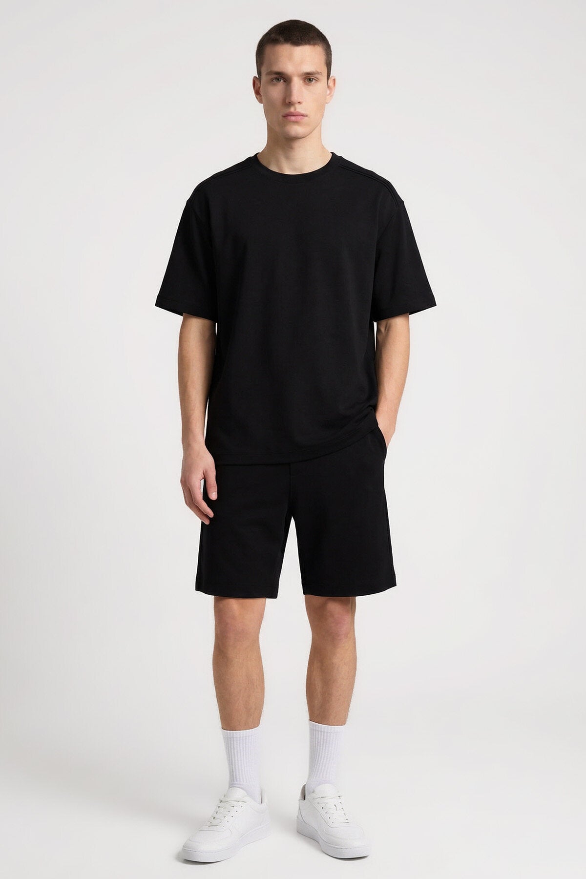 Image of Siyah Oversize Fit Basic Erkek Şort Takım - 85292