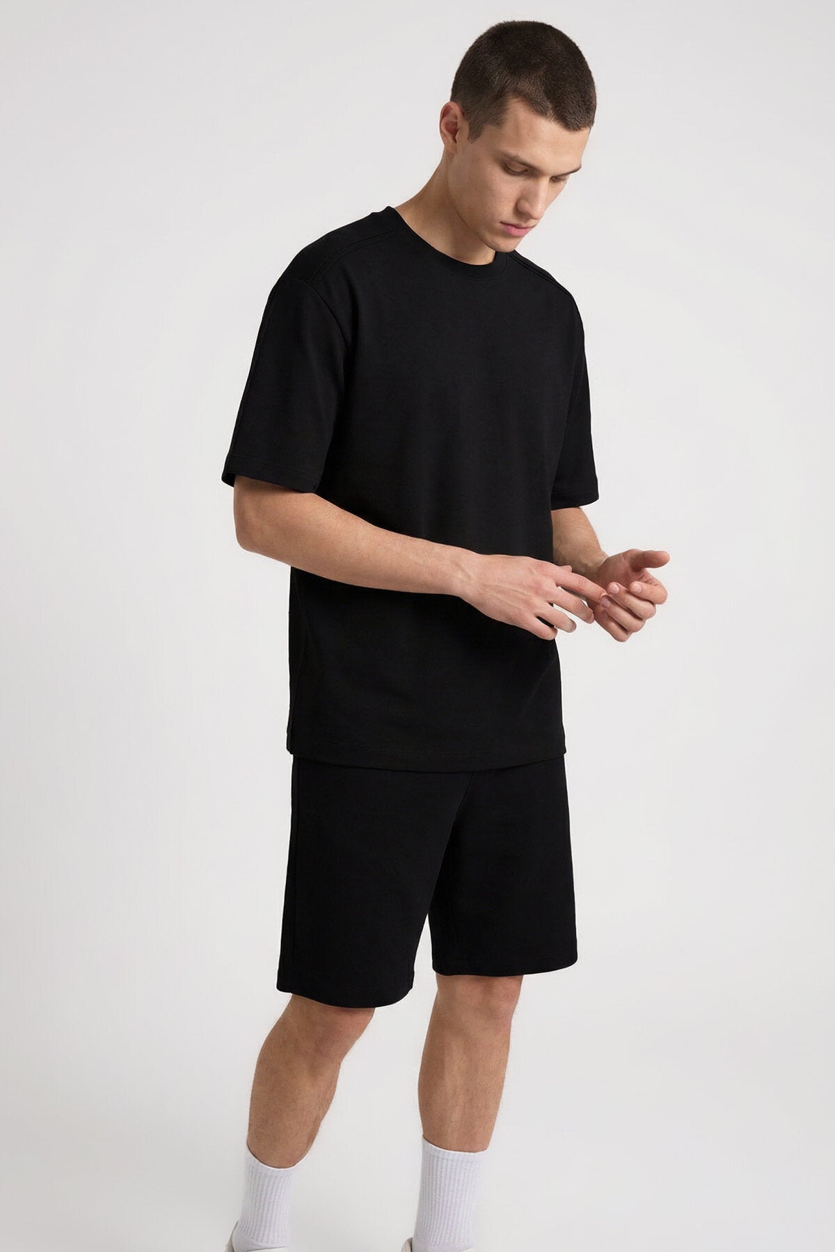 Image of Siyah Oversize Fit Basic Erkek Şort Takım - 85292