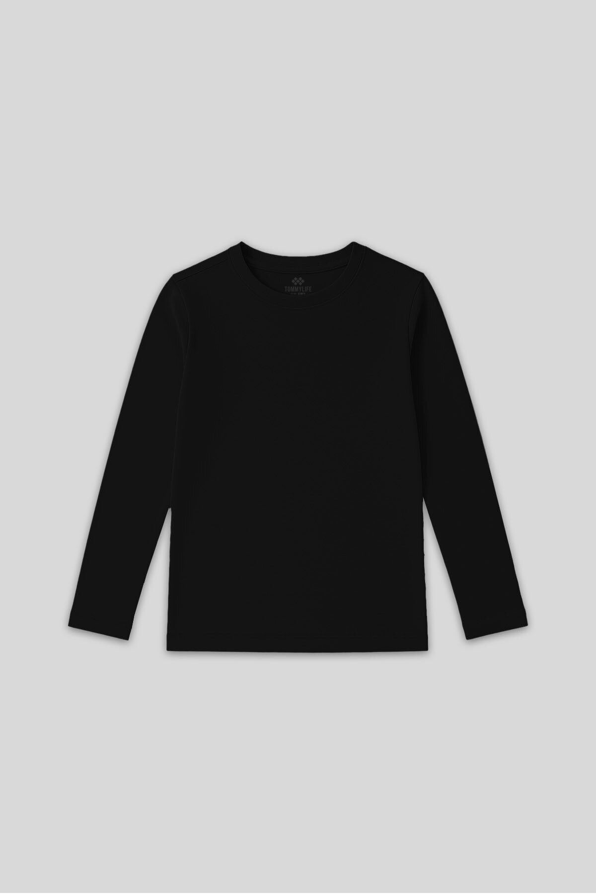 Image of Siyah O Yaka Standart Fit Basic Uzun Kollu Unisex Çocuk T-Shirt - 11329
