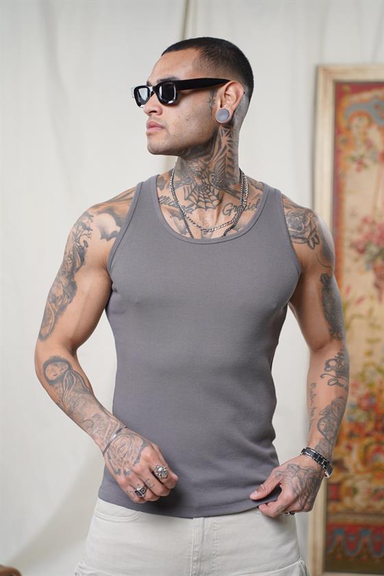 Image of Slim Fit Ribbed Flexible Plain Men's Athletic Tank Top