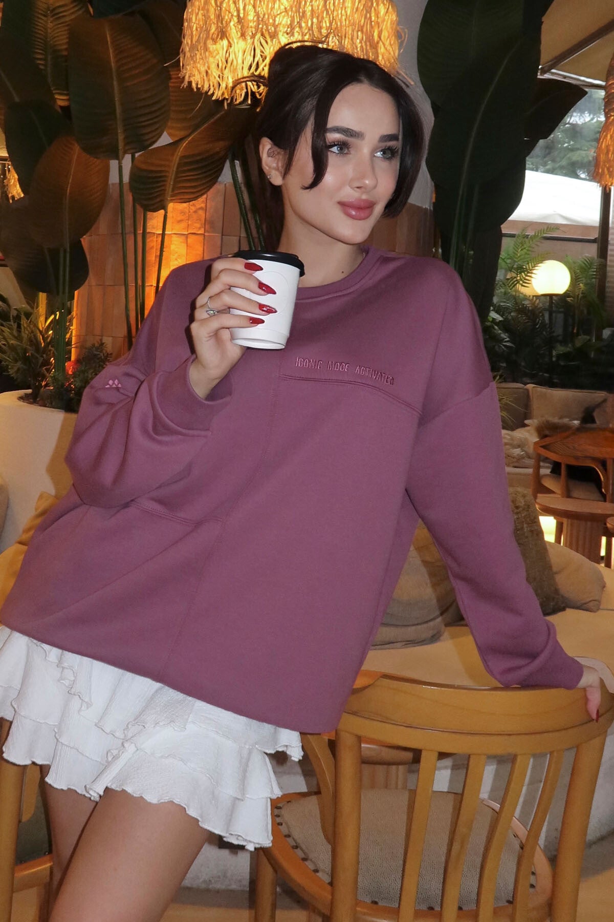 Image of Soft Vişne Kompakt Pamuklu Kalın Pürüzsüz Dokulu O Yaka Oversize Fit Kadın Sweatshirt - 97288