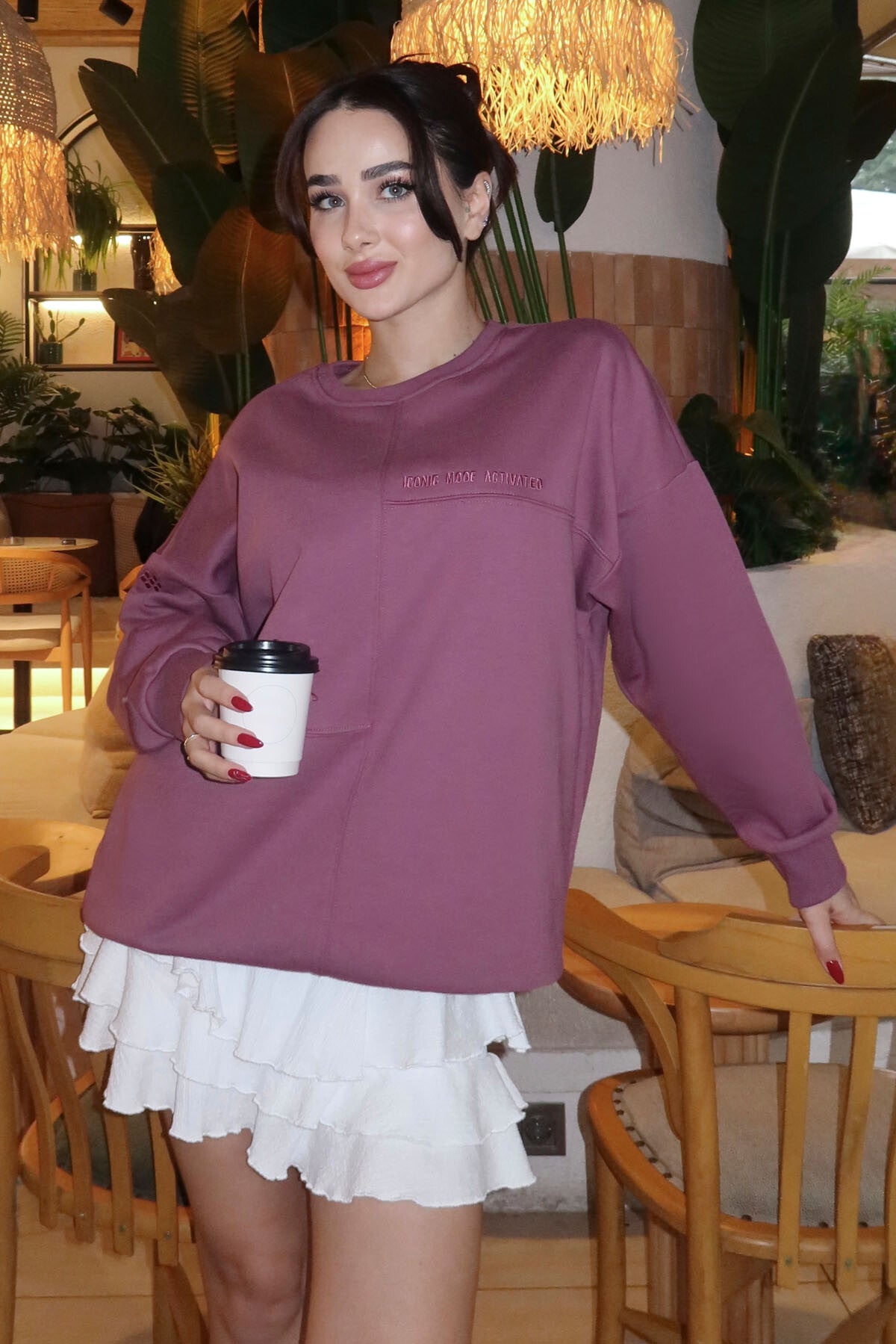Image of Soft Vişne Kompakt Pamuklu Kalın Pürüzsüz Dokulu O Yaka Oversize Fit Kadın Sweatshirt - 97288