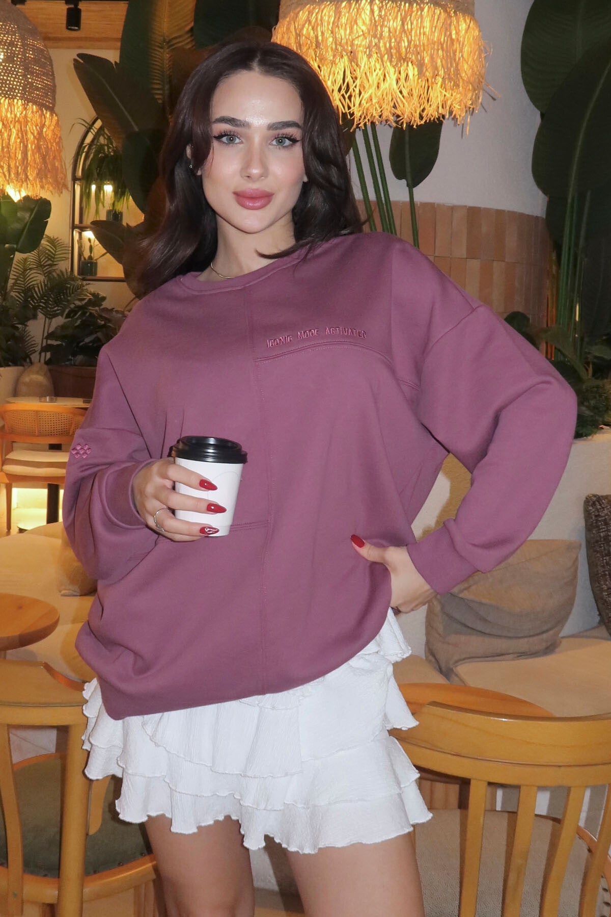 Image of Soft Vişne Kompakt Pamuklu Kalın Pürüzsüz Dokulu O Yaka Oversize Fit Kadın Sweatshirt - 97288
