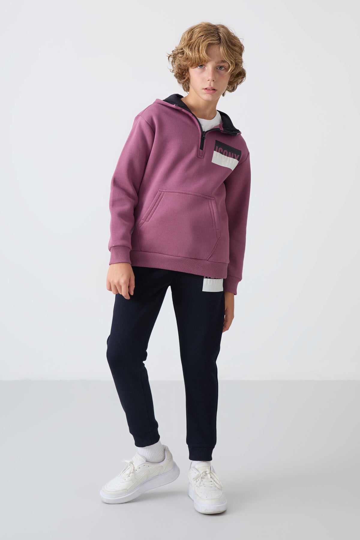 Image of Soft Vişne-Lacivert Pamuklu Kalın İçi Tüylü Standart Fit Baskılı Erkek Çocuk Eşofman Takım - 11246