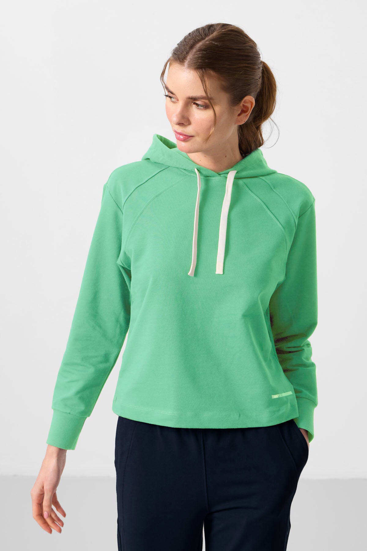 Image of Set trening oversize cu glugă verde-bleumarin pentru femei - 95336