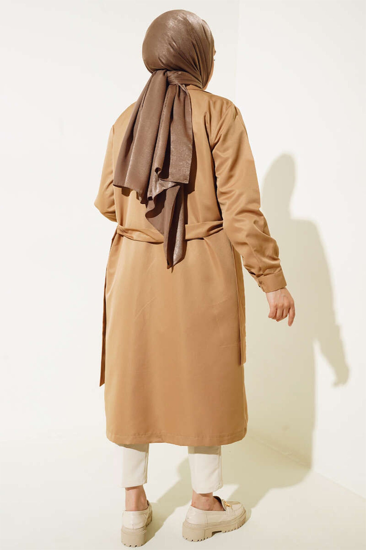 Image of T5853 Kruvaze Yaka Tesettür Trençkot - Taba