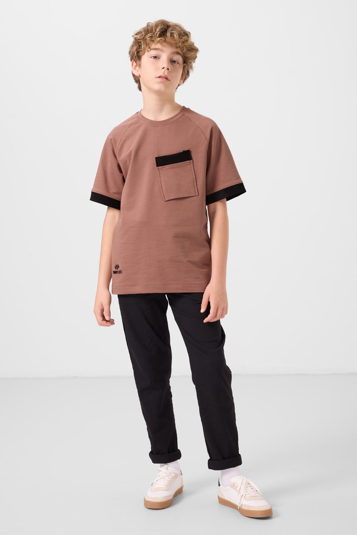 Image of Tarçın Pamuklu Yumuşak Dokulu Oversize Cep Detaylı Erkek Çocuk T-Shirt - 11295