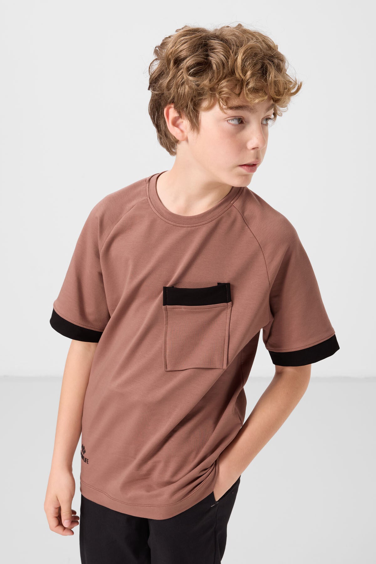 Image of Tarçın Pamuklu Yumuşak Dokulu Oversize Cep Detaylı Erkek Çocuk T-Shirt - 11295