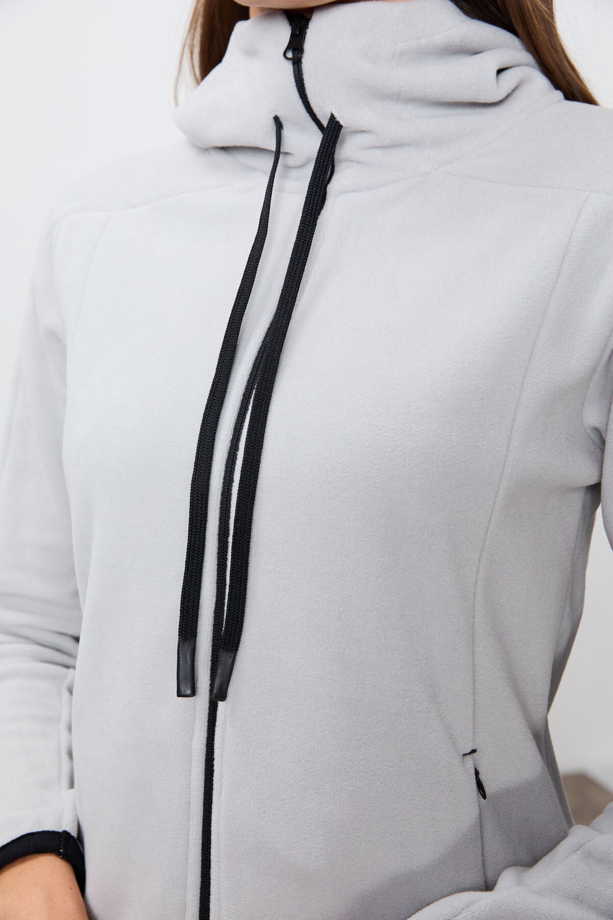 Image of Hanorac de damă din fleece brodat, cu croială standard, grosime ca piatra, texturat, cu glugă, grosime moale -97287