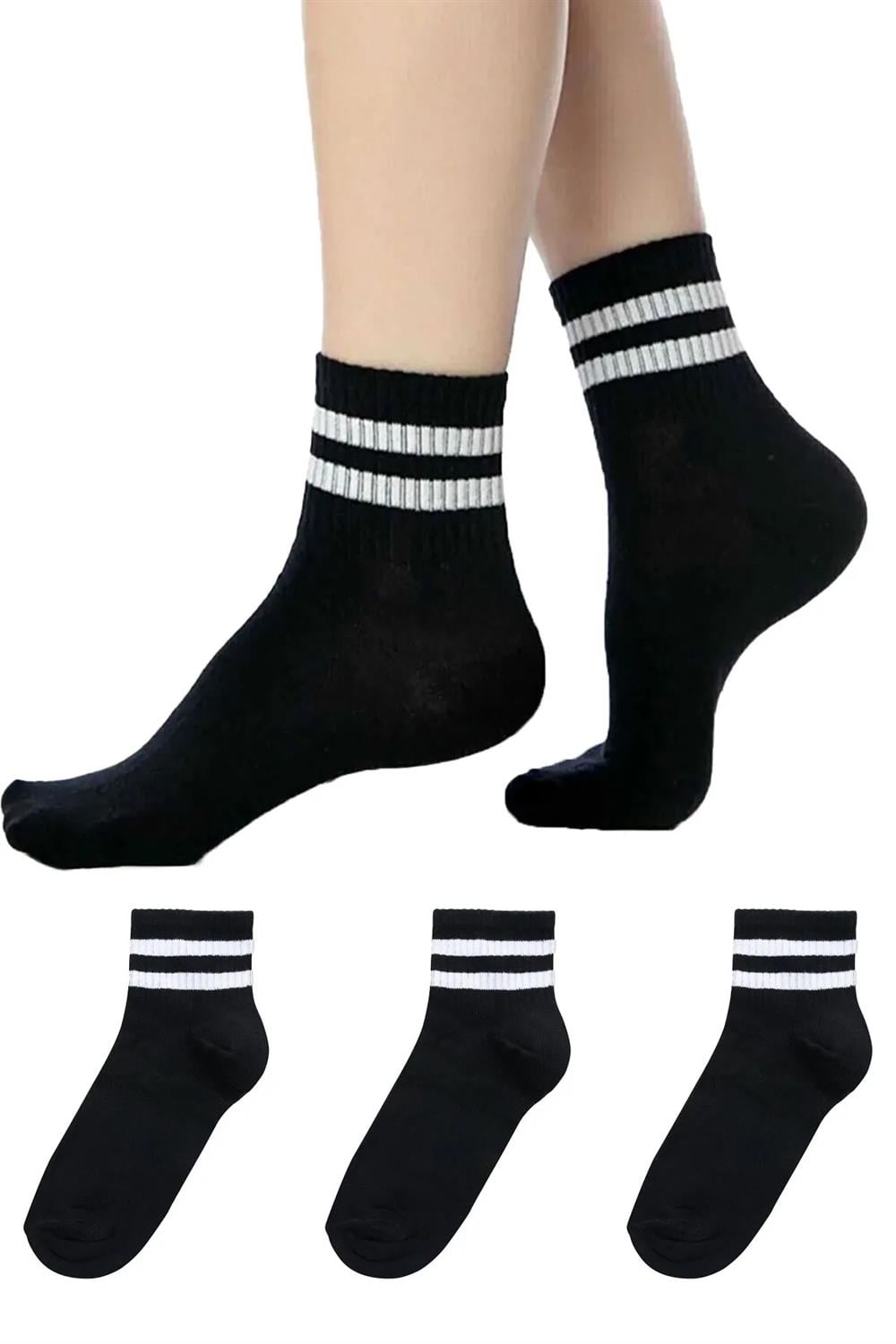 Image of Unisex Beyaz 2 Çizgili Siyah Yarım Konç Tenis Çorap Kolej 3'Lü Paket