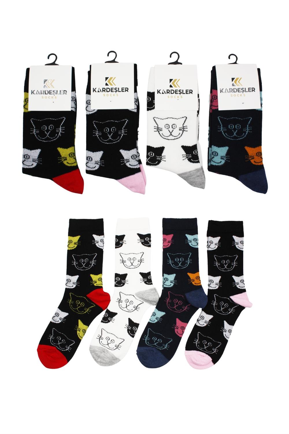 Image of Unisex Cat Pattern Cotton Socks, 4-Pack
