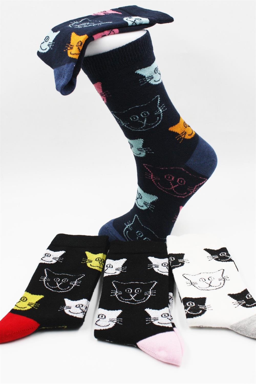 Image of Unisex Cat Pattern Cotton Socks, 4-Pack