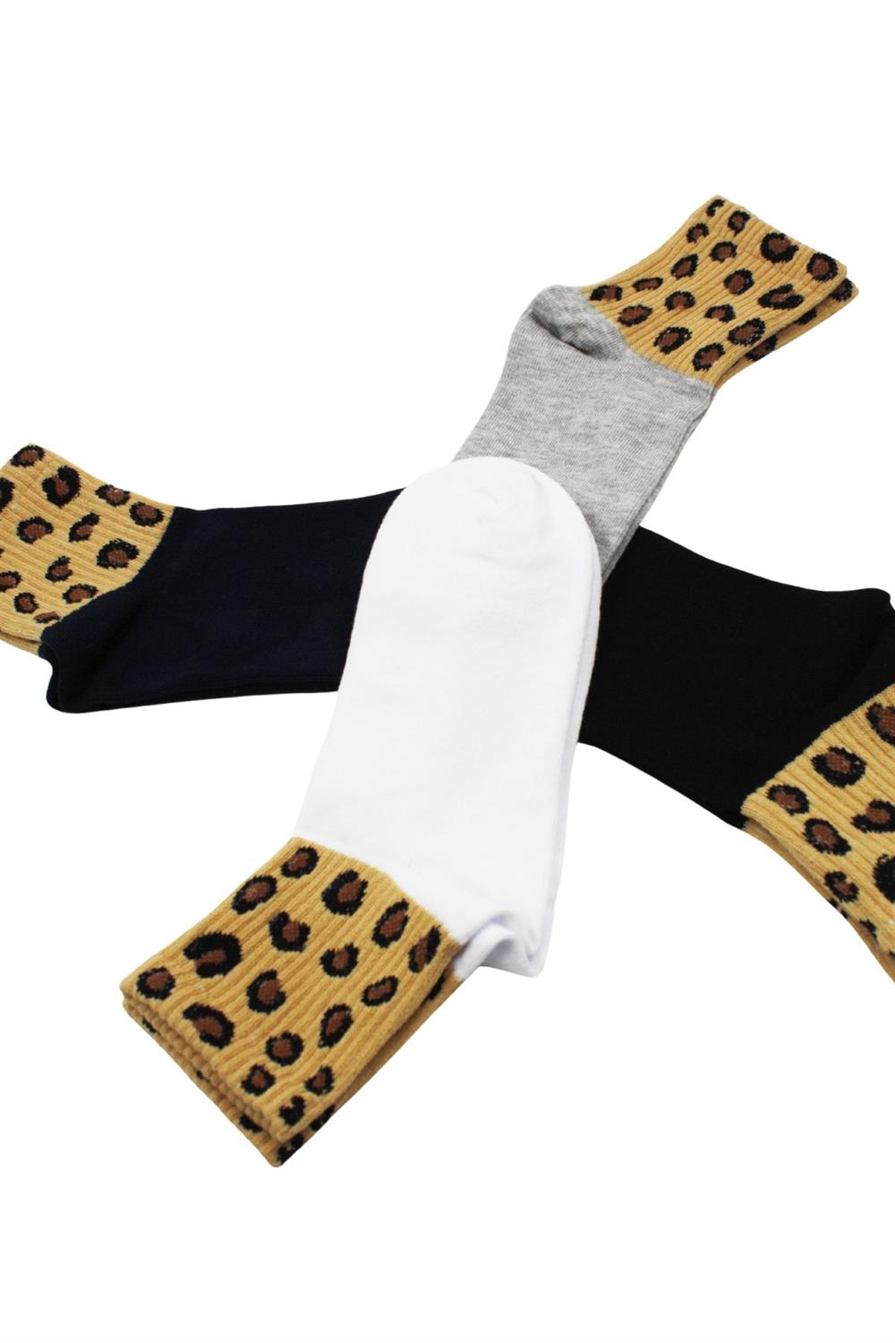 Image of Unisex Leopar Desenli Pamuklu Tenis Çorap 4'Lü Paket