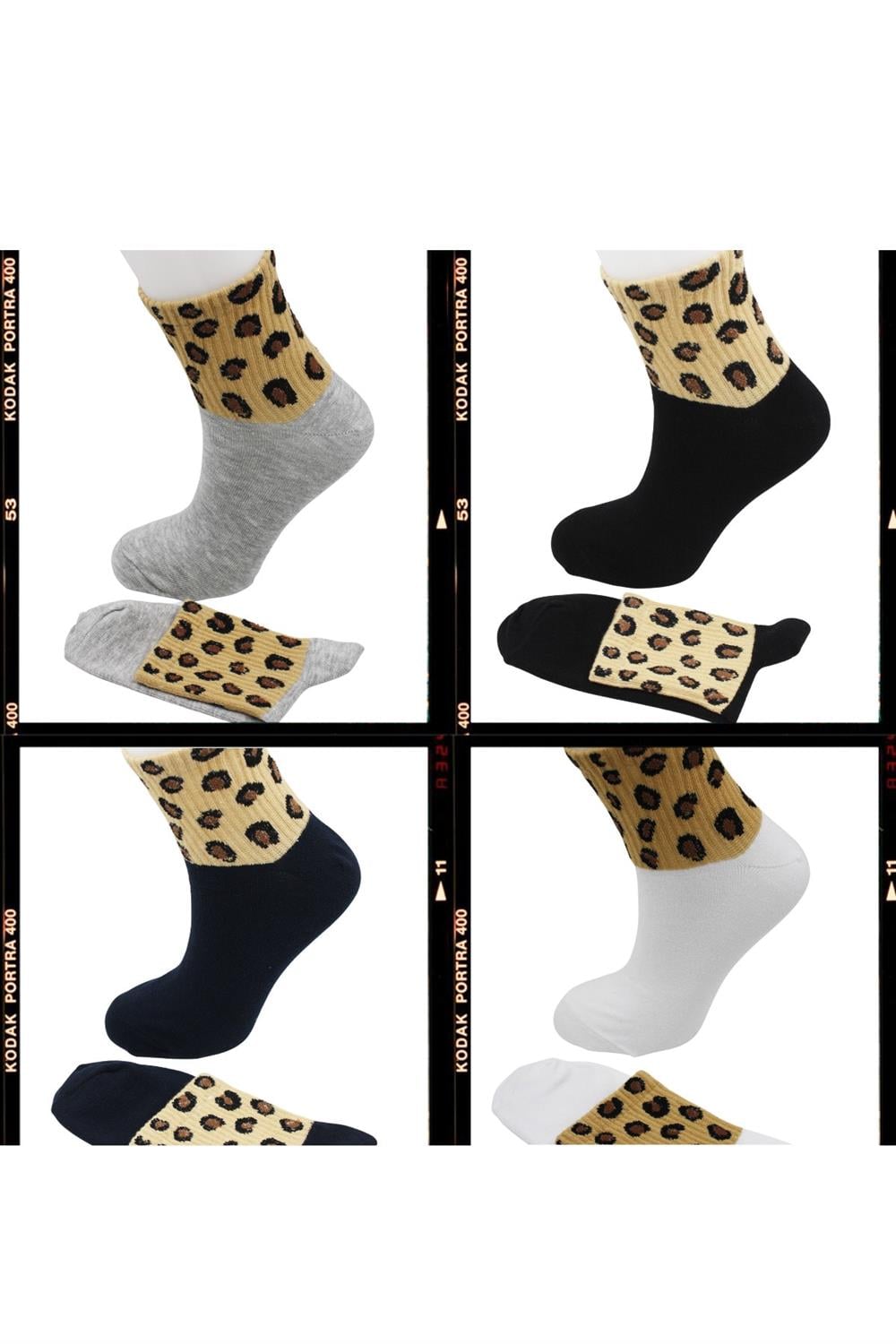 Image of Unisex Leopar Desenli Pamuklu Tenis Çorap 4'Lü Paket
