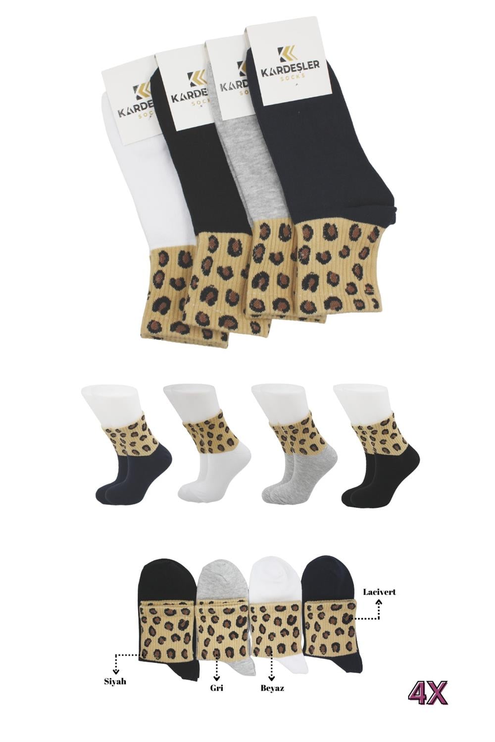 Image of Unisex Leopar Desenli Pamuklu Tenis Çorap 4'Lü Paket