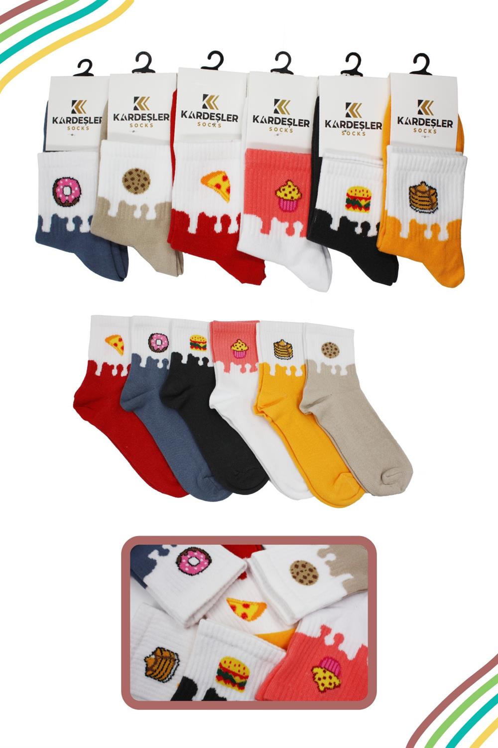 Image of Unisex Renkli Meyveli - Yemekli Desenli Tenis Çorap 6'Lı Paket