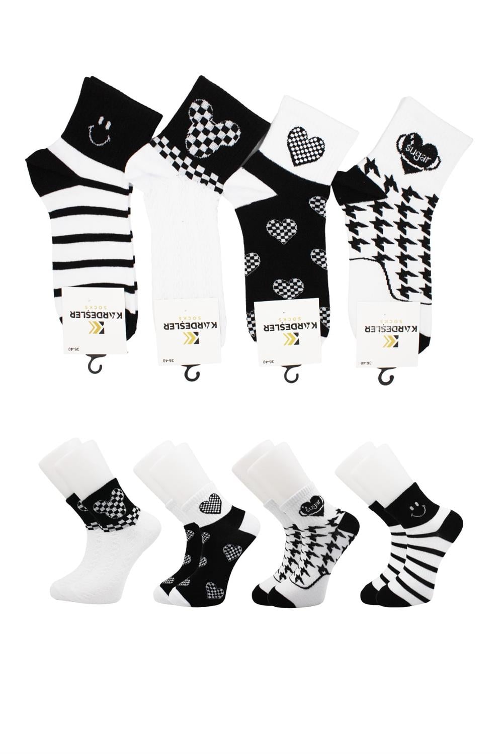 Image of Șosete de tenis unisex din bumbac cu model alb-negru, set de 4