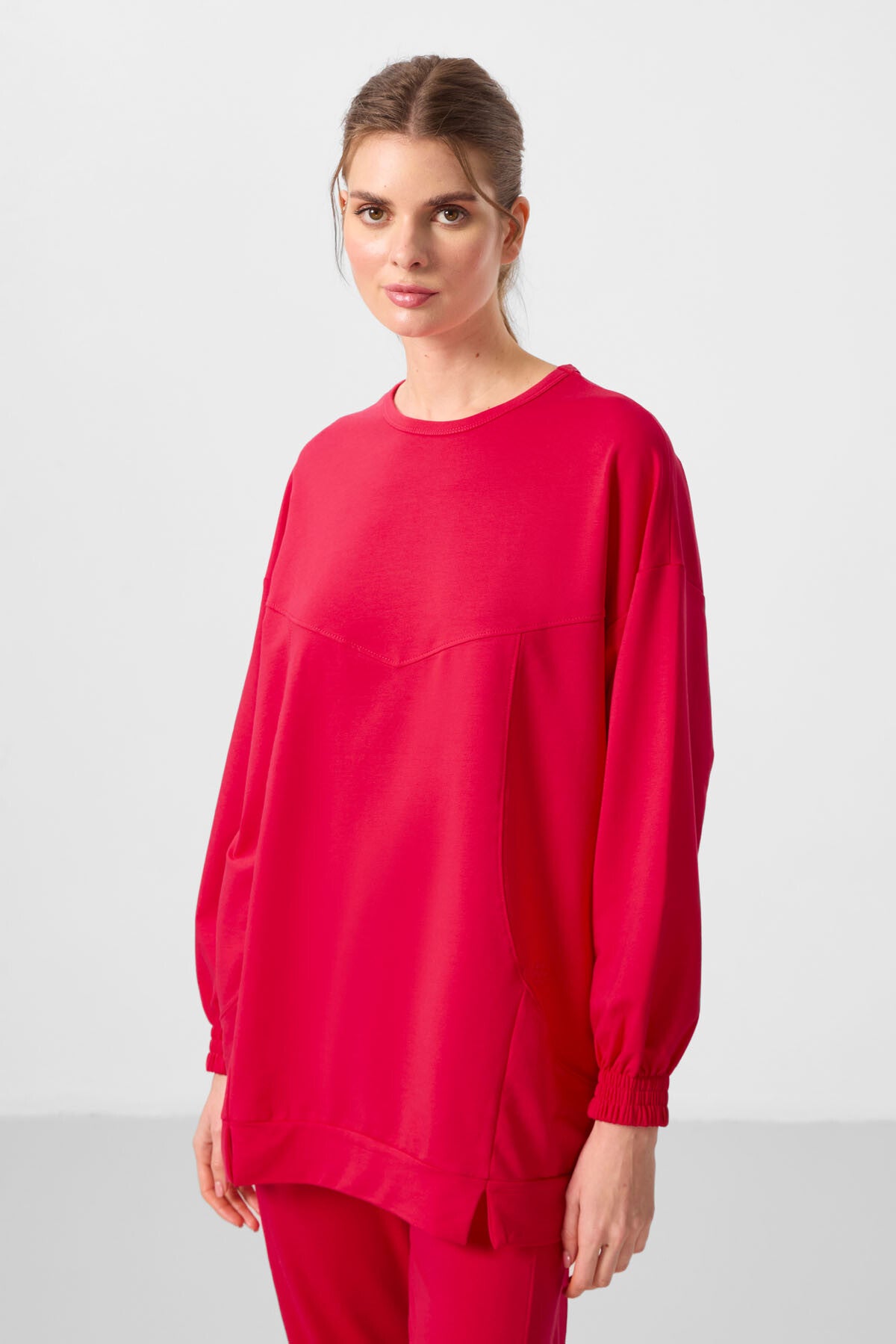 Image of Viva Kırmızı O Yaka Basic Oversize Kadın Eşofman Tunik Takım - 95347