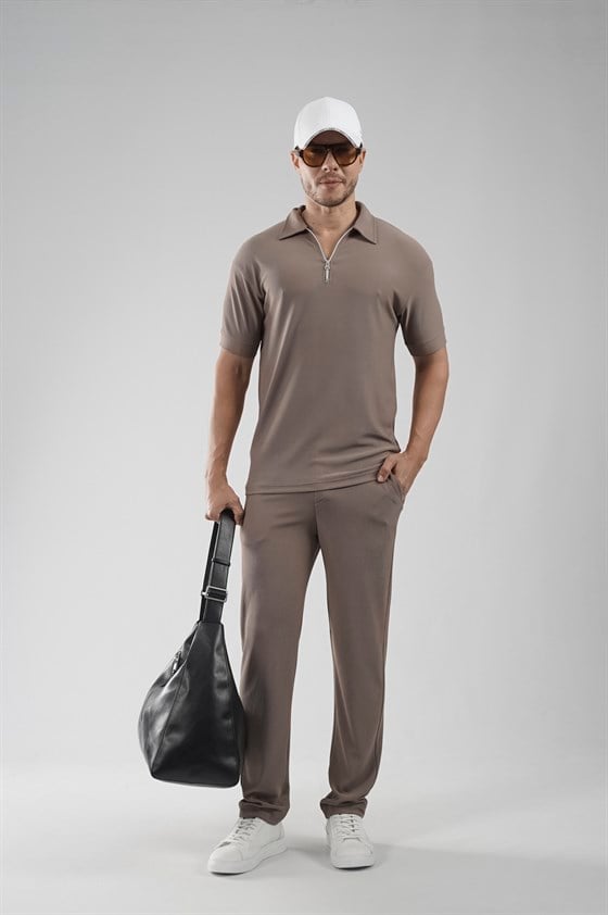 Image of Regular fit pants and t-shirt set with zip-up collar.