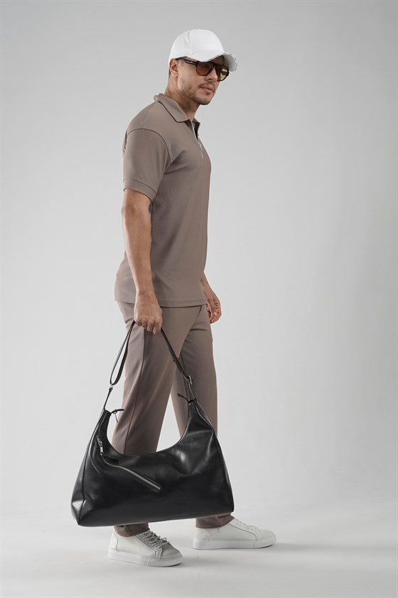 Image of Regular fit pants and t-shirt set with zip-up collar.