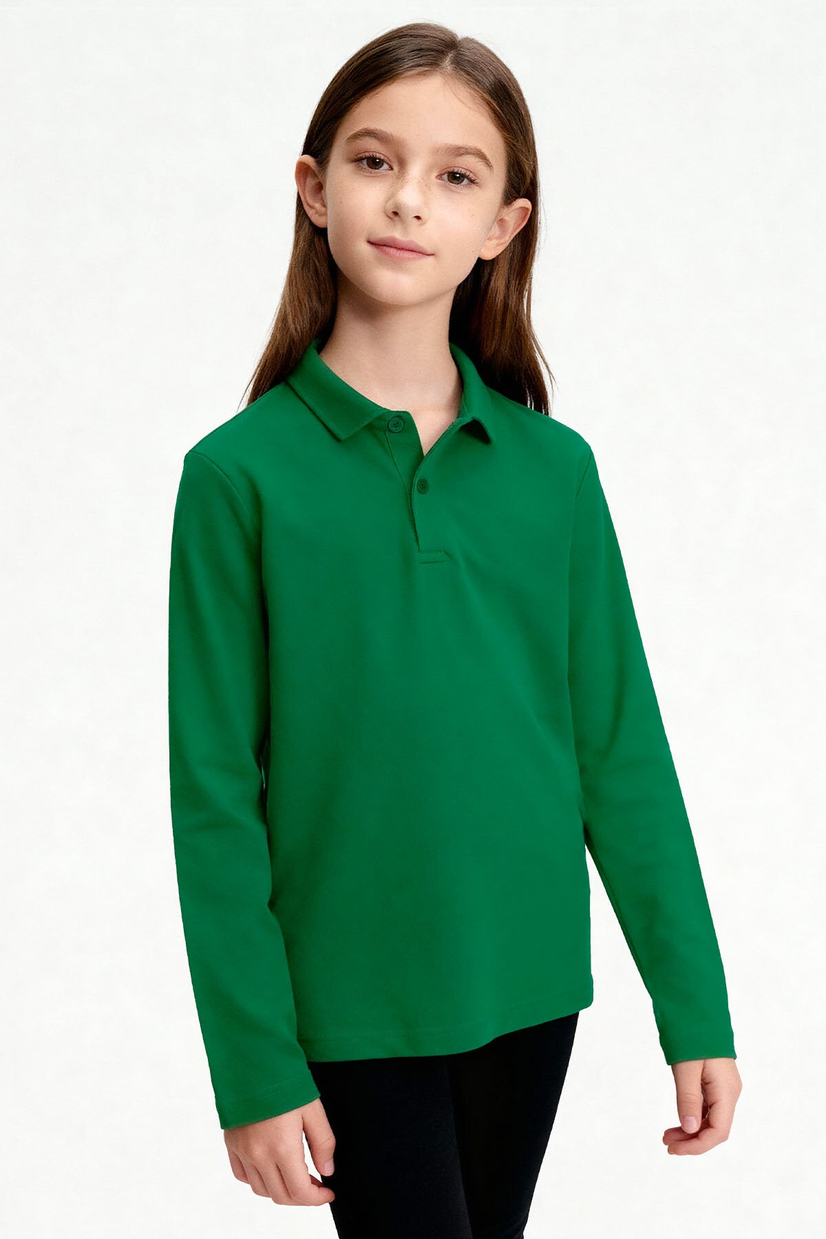 Image of Yeşil Polo Yaka Basic Uzun Kollu Unisex Çocuk T-Shirt - 11170