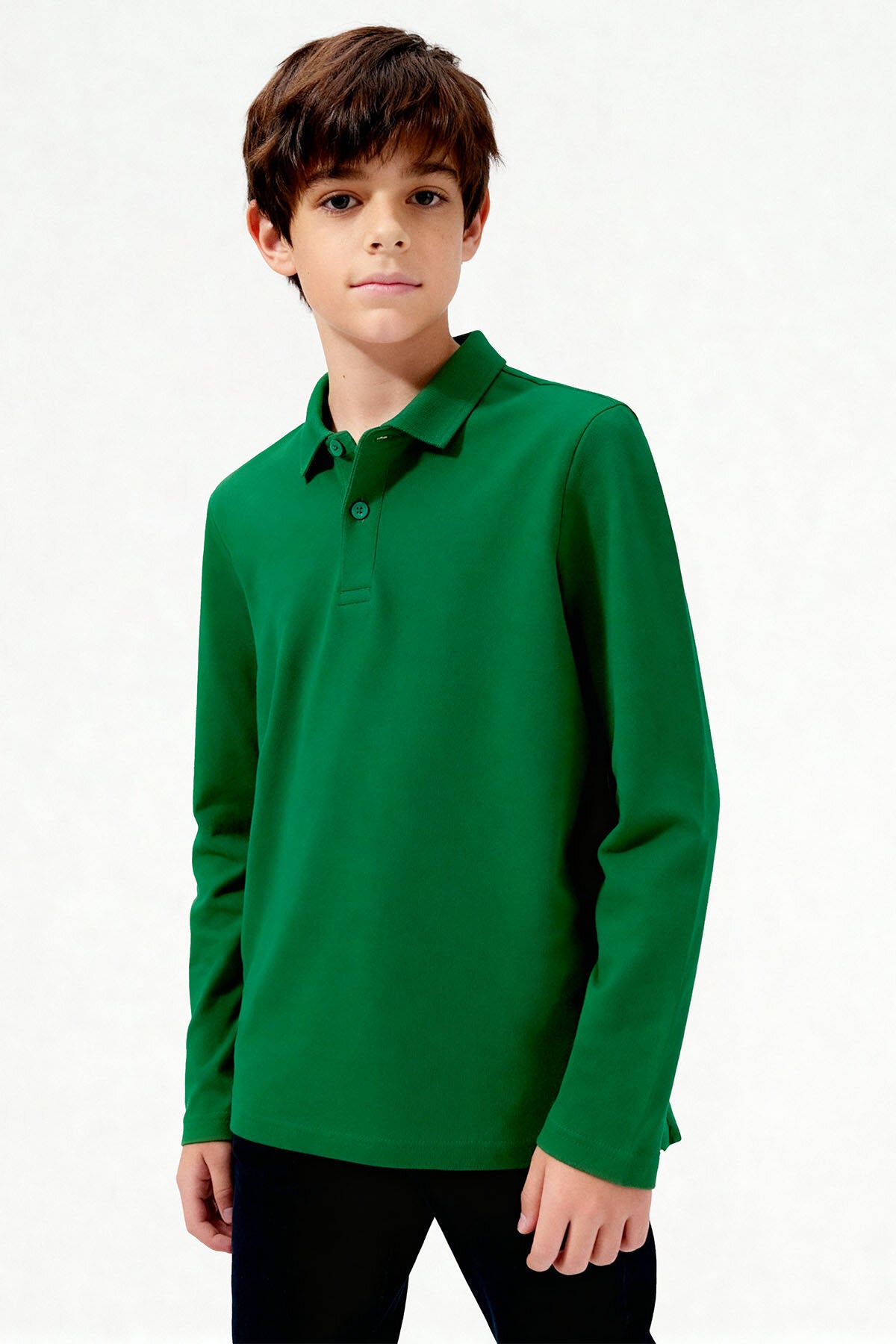 Image of Yeşil Polo Yaka Basic Uzun Kollu Unisex Çocuk T-Shirt - 11170