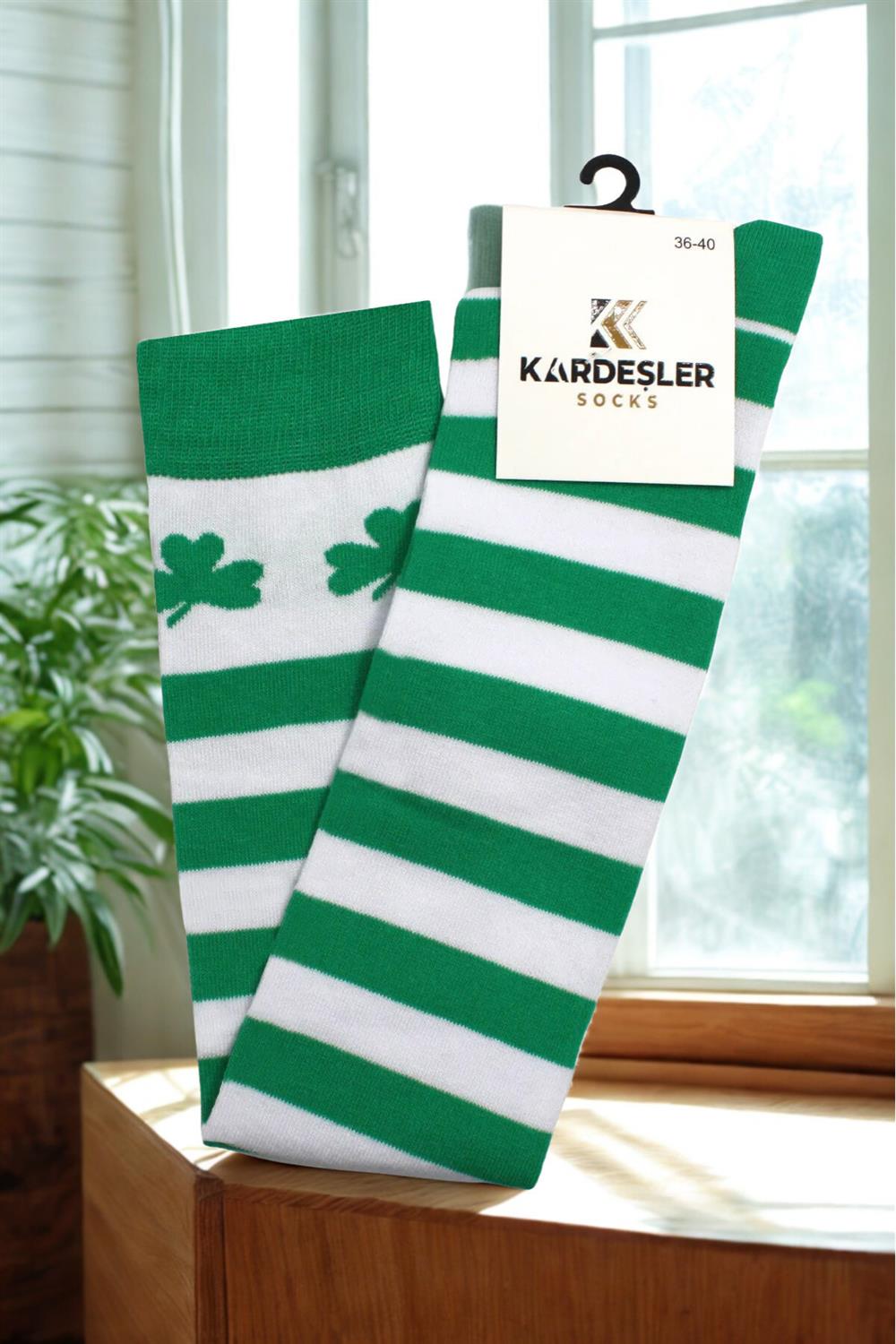 Image of Green and White Striped Knee-High Cotton Socks