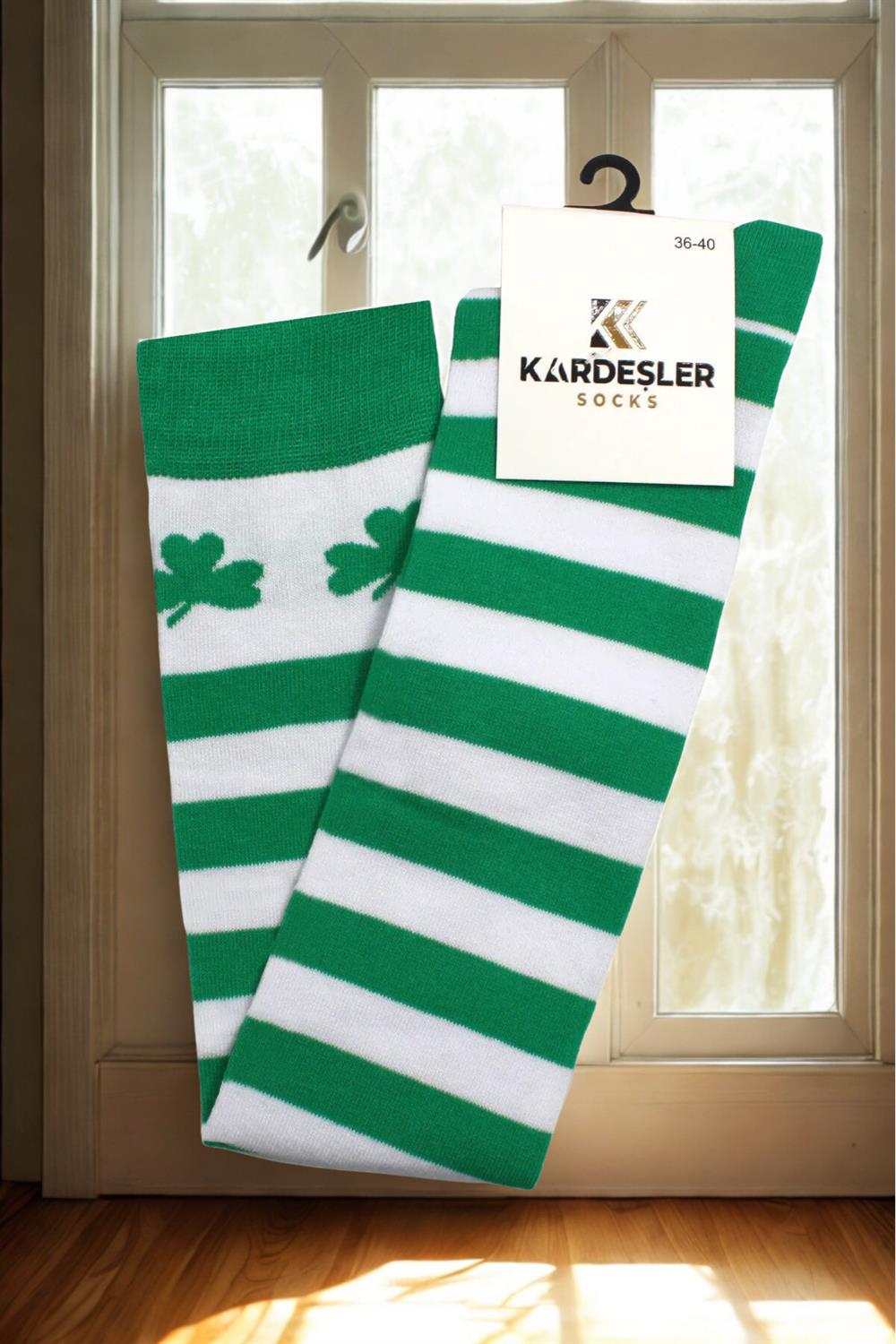 Image of Green and White Striped Knee-High Cotton Socks