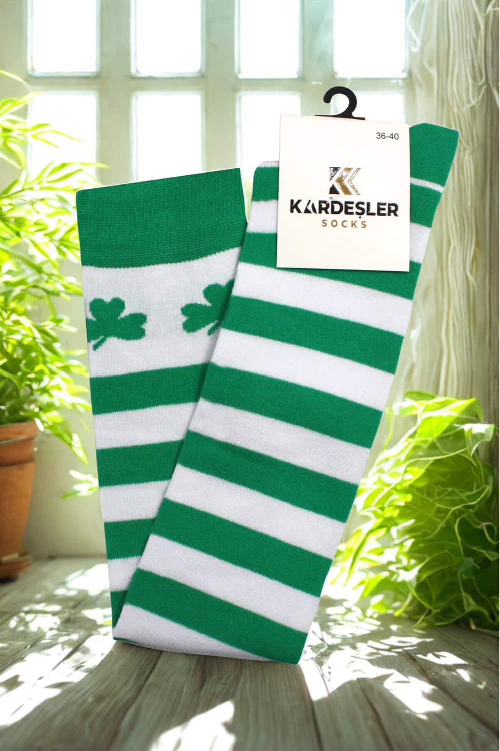 Image of Green and White Striped Knee-High Cotton Socks