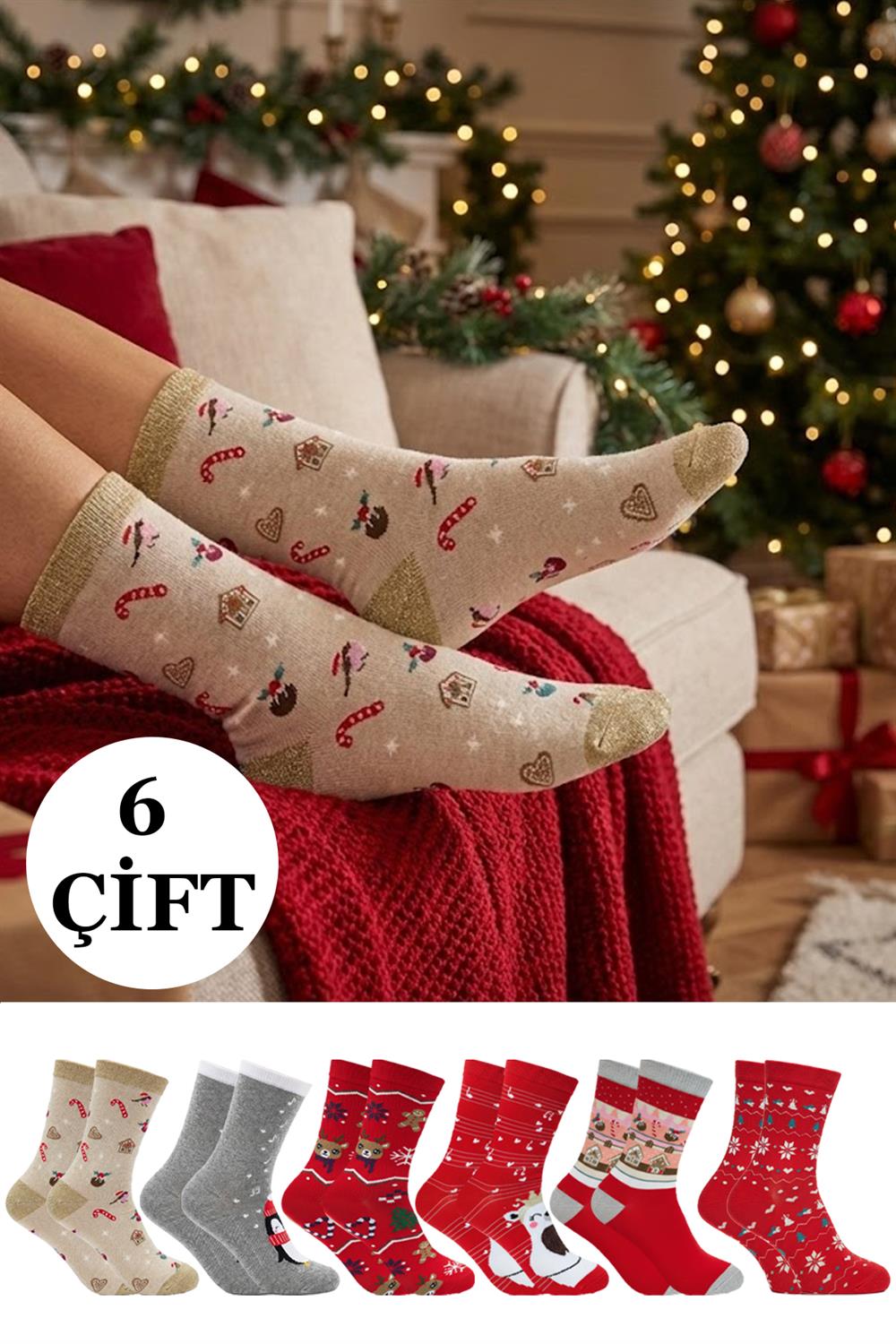Image of Yılbaşı Noel Christmas Desenli Soket Çorap Renkli 6'Lı Paket