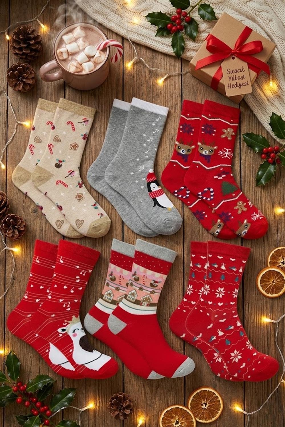 Image of Yılbaşı Noel Christmas Desenli Soket Çorap Renkli 6'Lı Paket